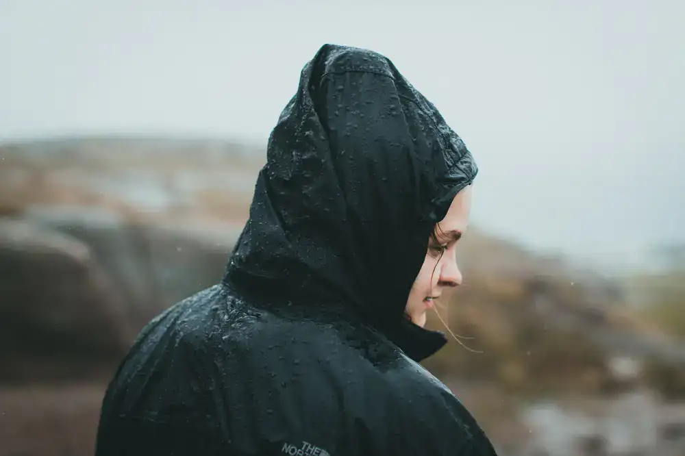 Close up of a waterproof alpine hardshell jacket