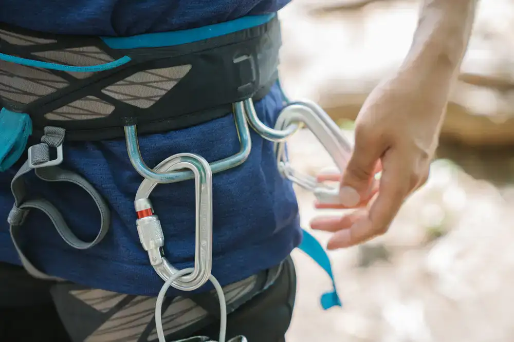 Close up of climbing carabiners and ropes